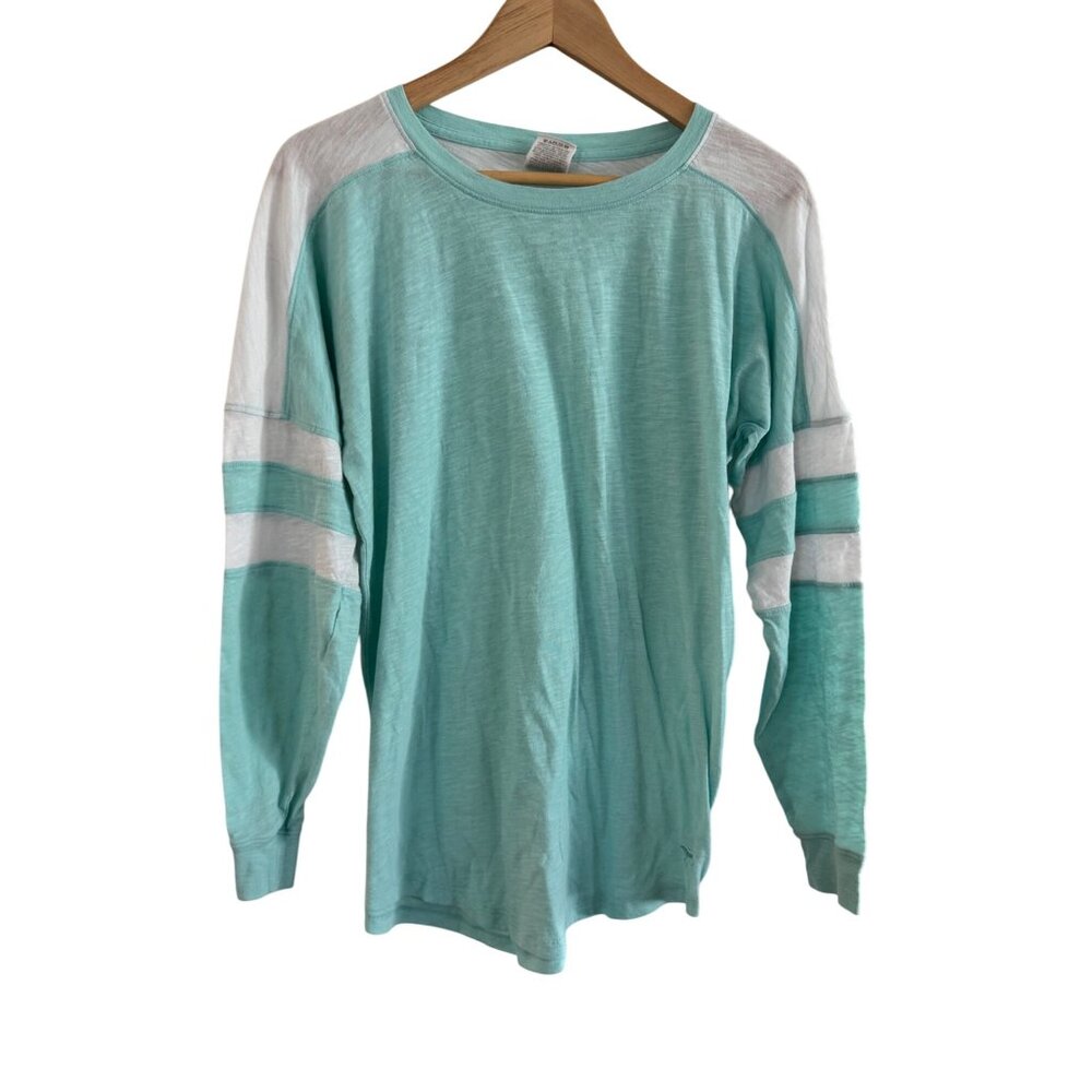 Victorias Secret PINK Long Sleeve Crew Neck Top XS Mint & White Cotton Blend